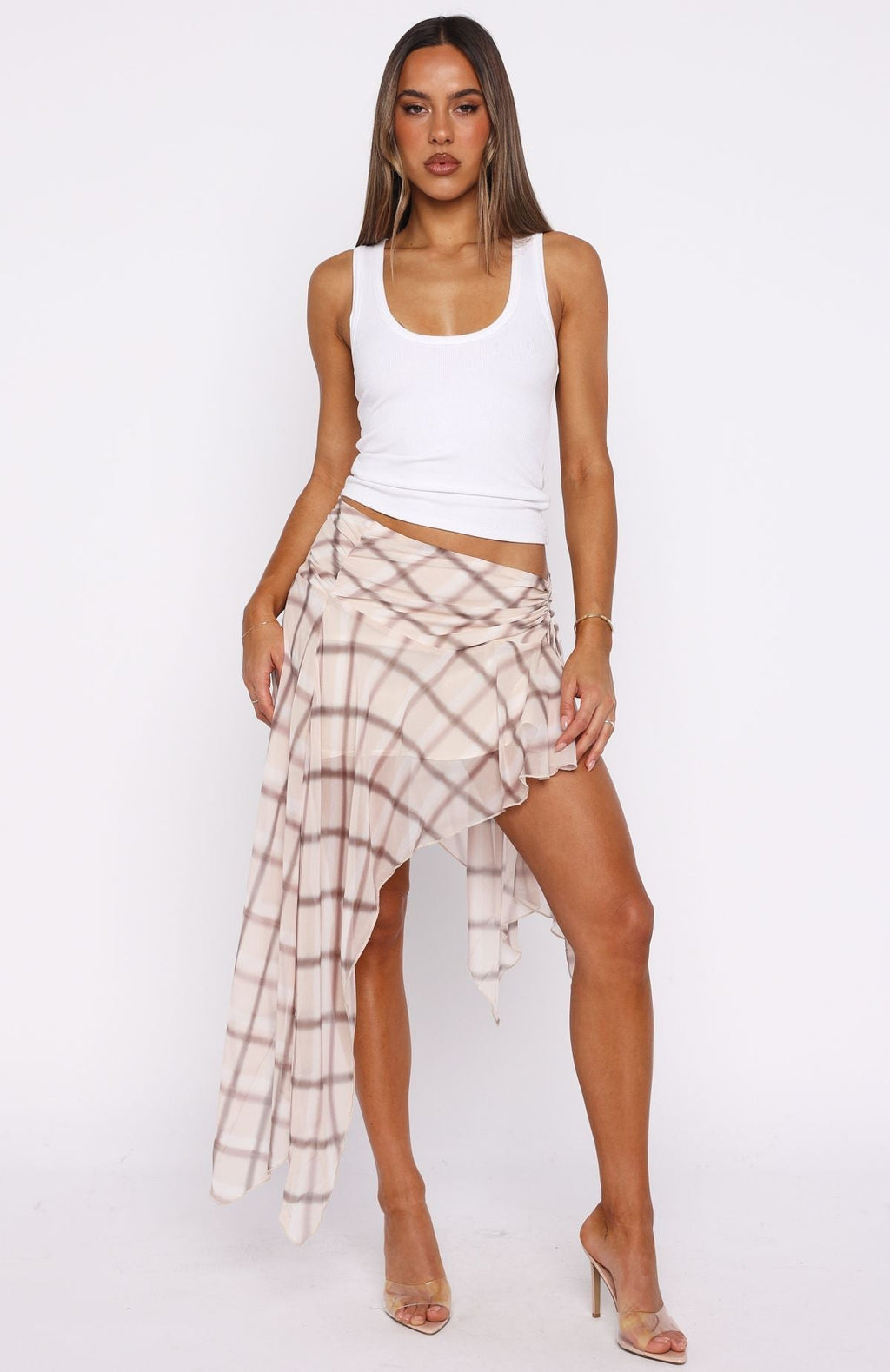 White Fox Keeping Secrets Midi Skirt Neutral Check
