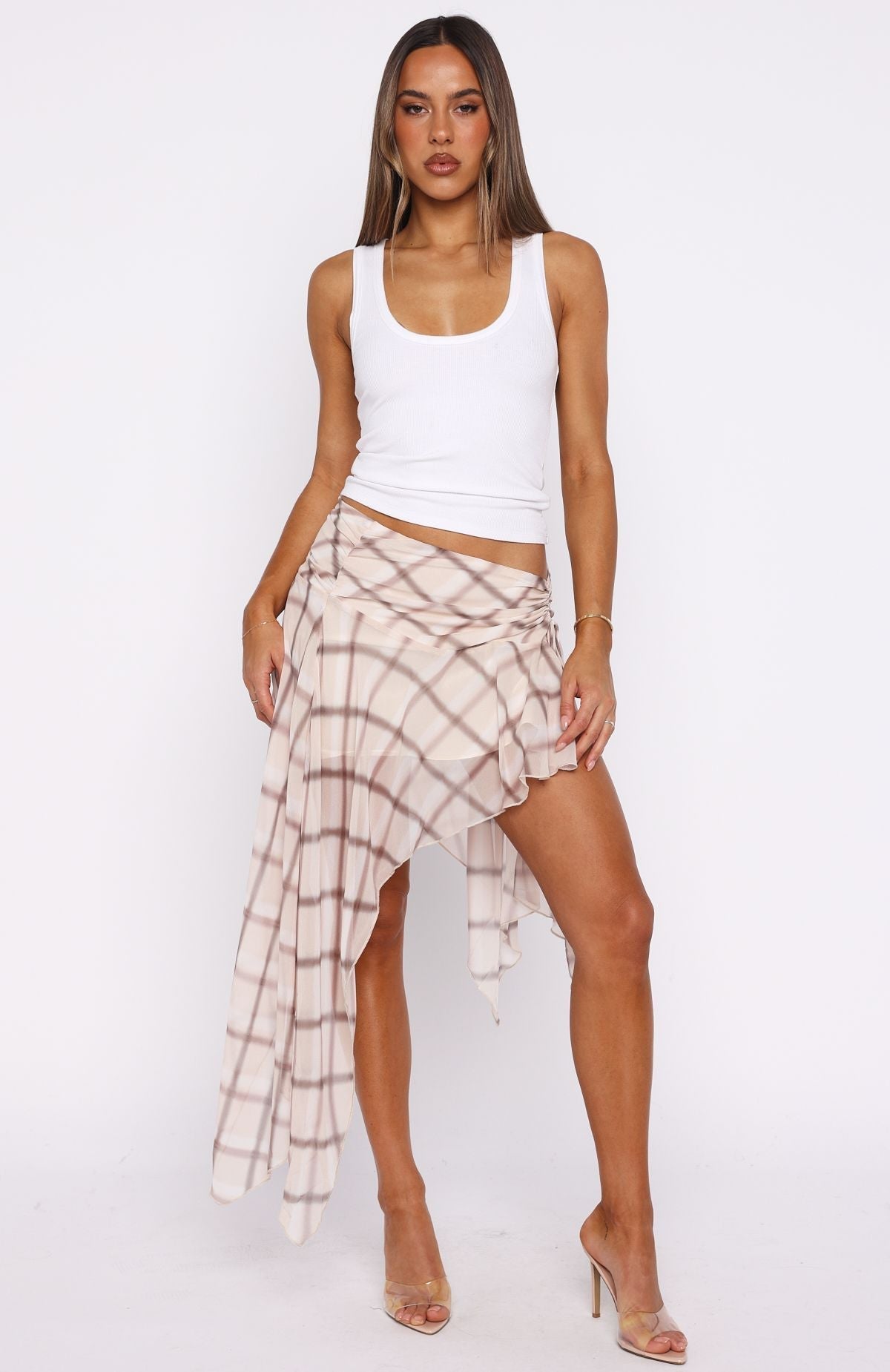 White Fox Keeping Secrets Midi Skirt Neutral Check