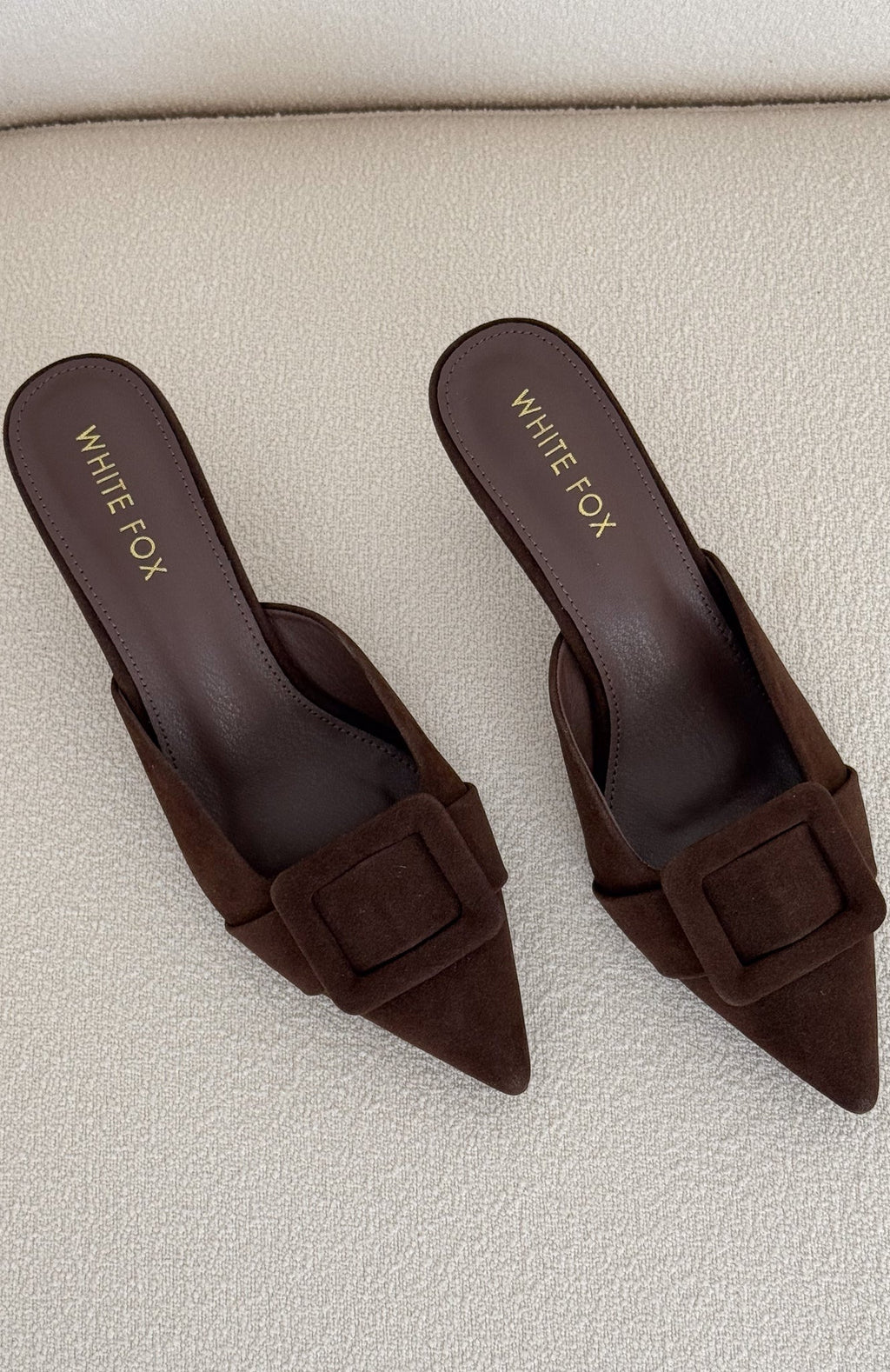 White Fox Domino Heels Chocolate Faux Suede