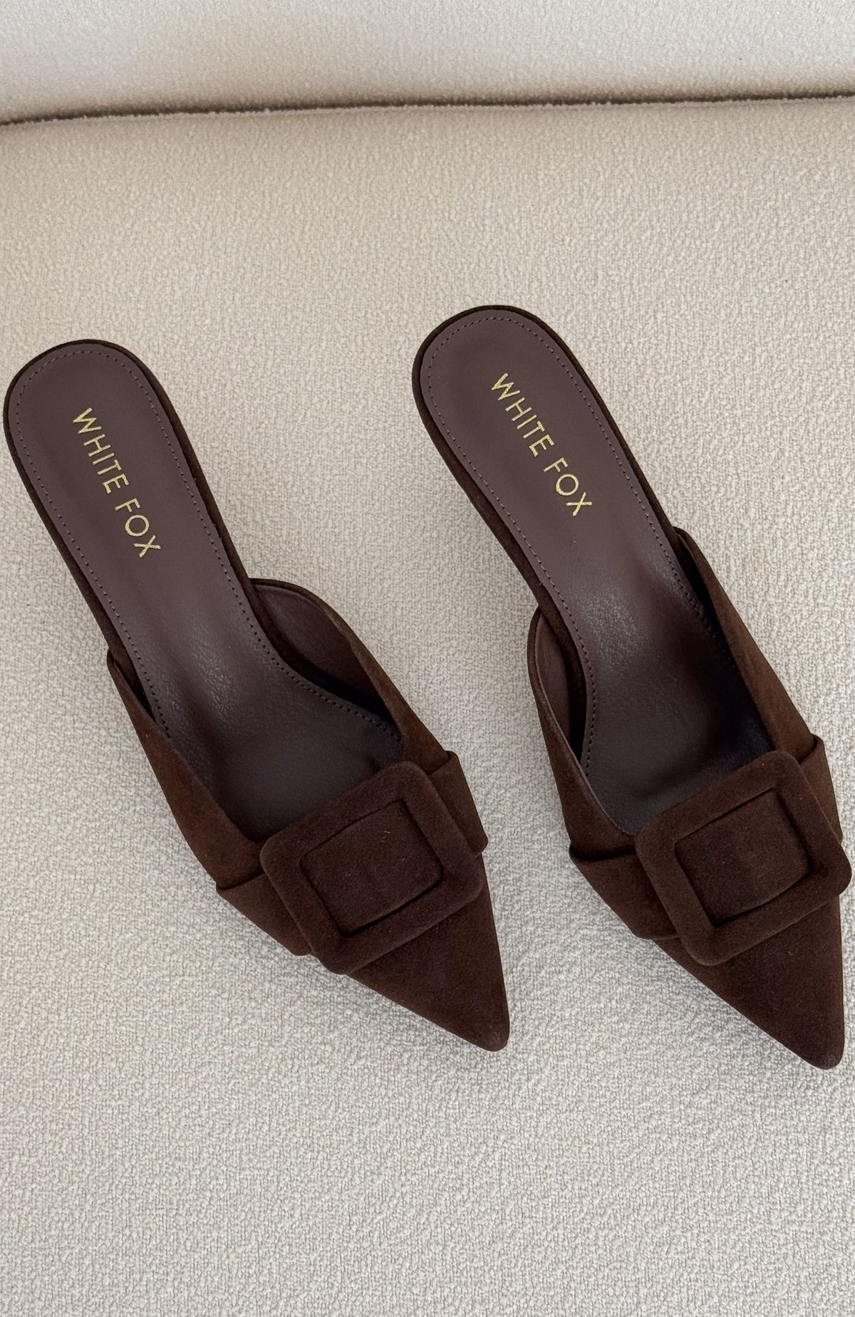 White Fox Domino Heels Chocolate Faux Suede