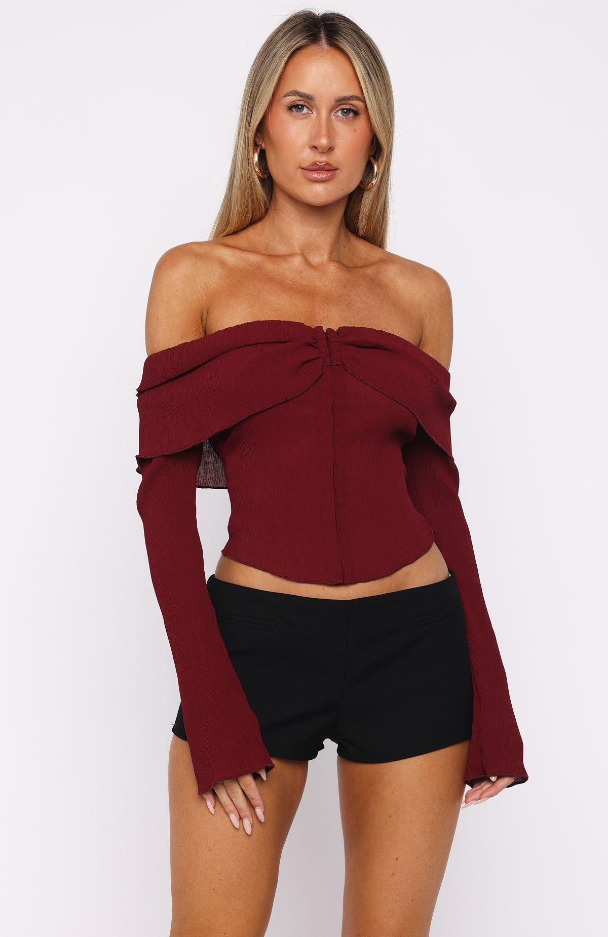 White Fox Mood Forever Long Sleeve Off Shoulder Top Burgundy