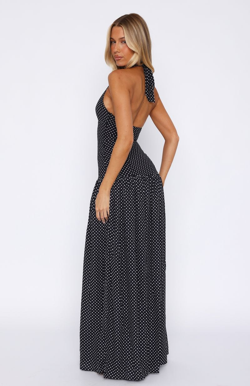 White Fox Sweet Temptation Halter Maxi Dress Black/ White Polka Dot