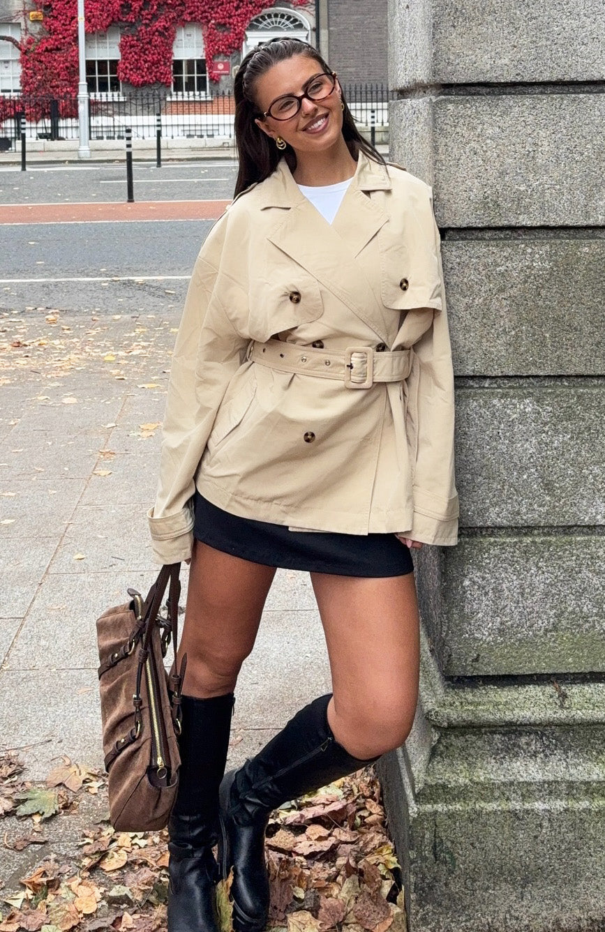 White Fox She's Popular Cropped Trench Sand