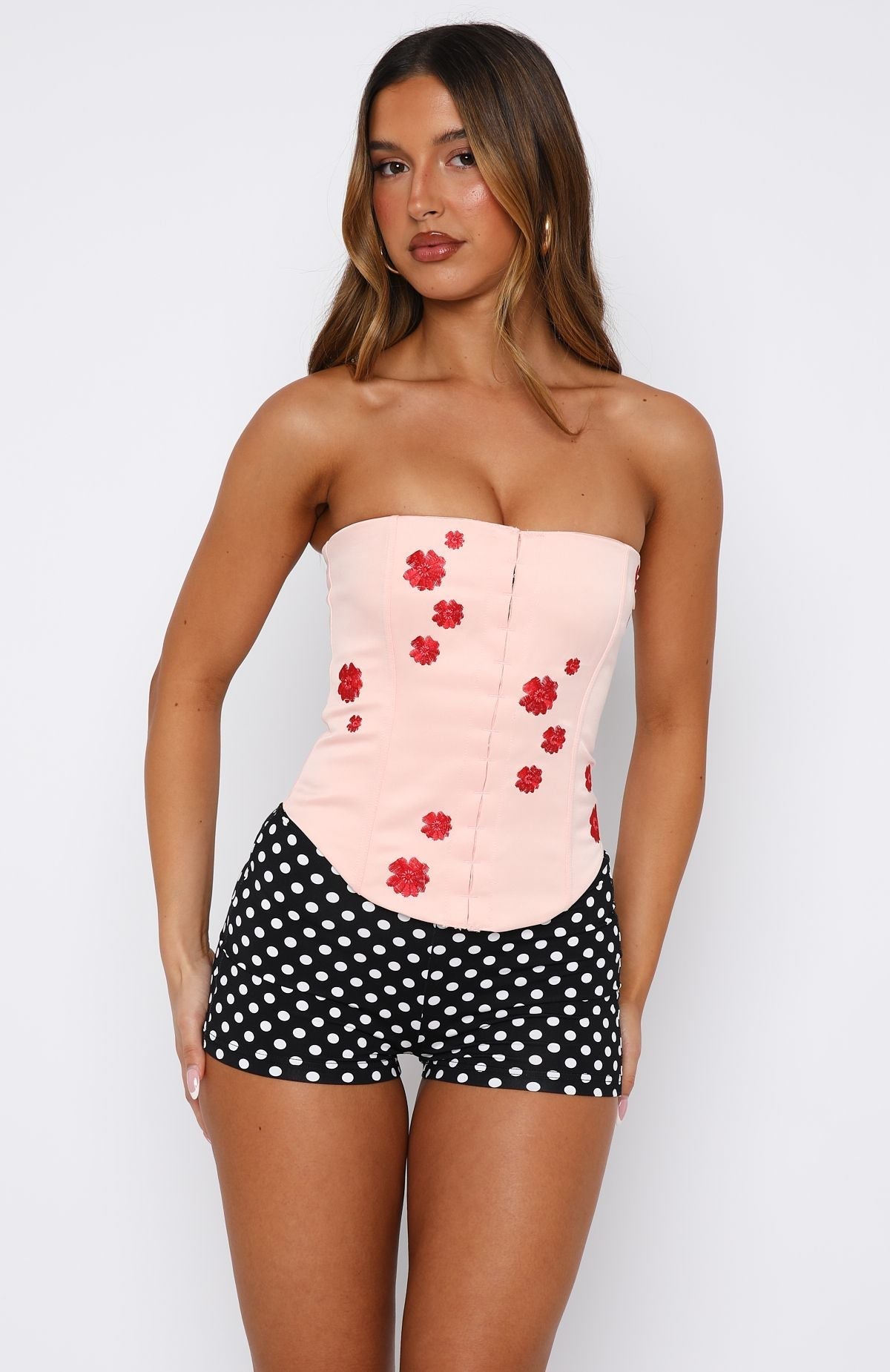 White Fox Beyond Me Strapless Embroidered Bustier Pink