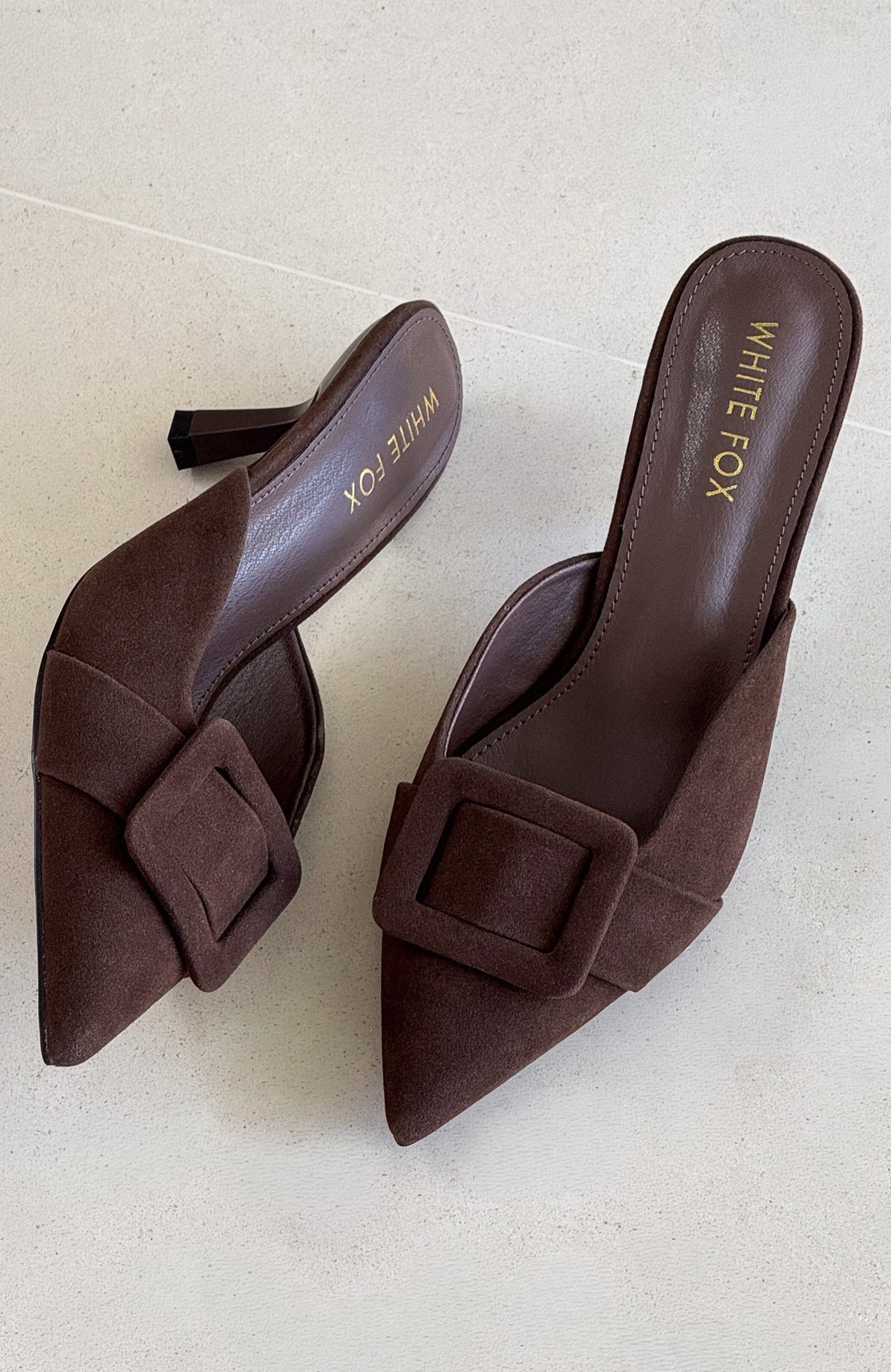 White Fox Domino Heels Chocolate Faux Suede