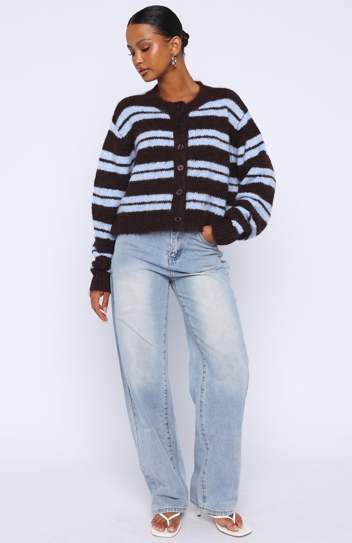 White Fox Ice Bae Stripe Knit Cardigan Blueberry Chocolate Stripe