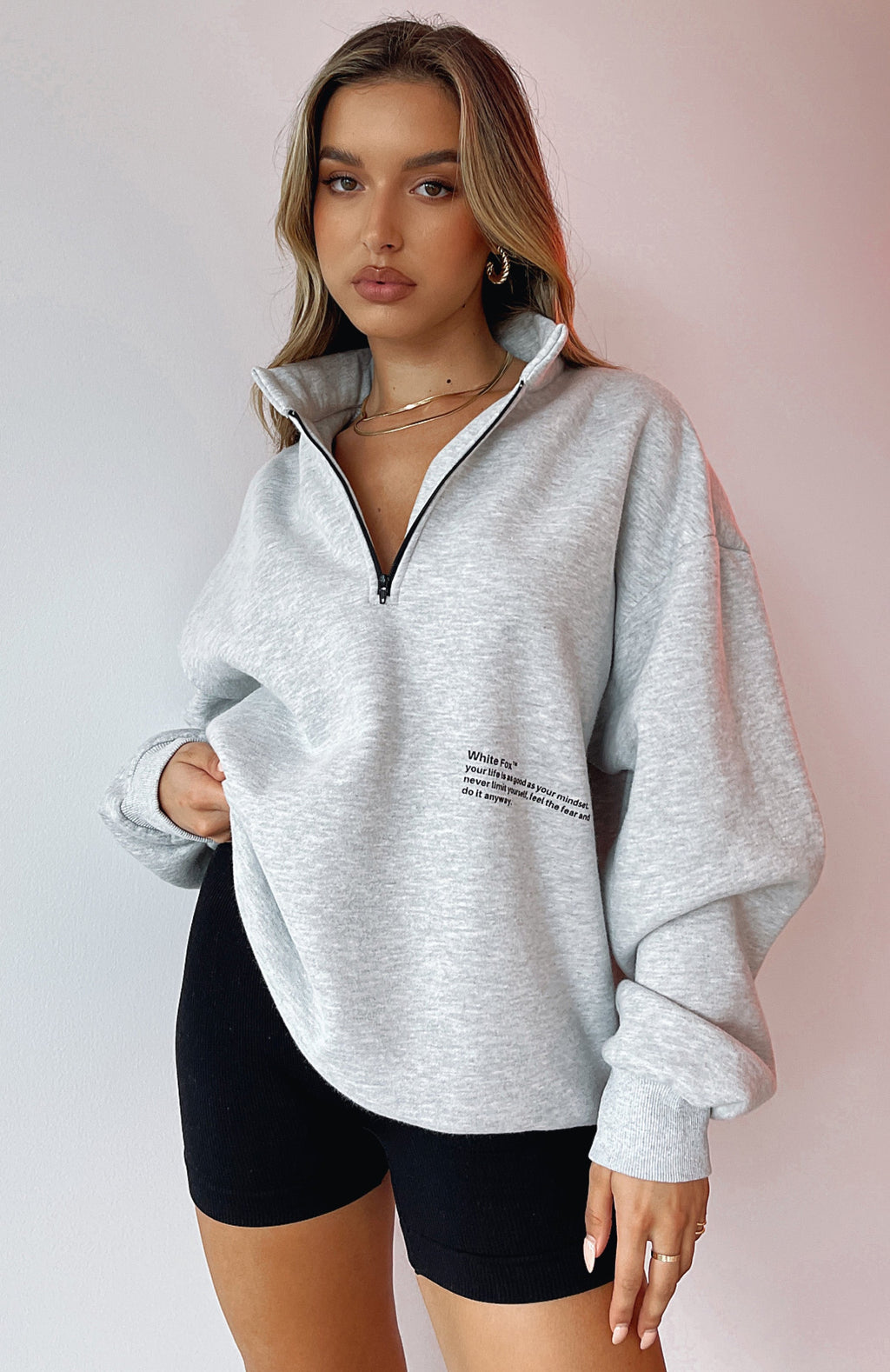White Fox Caught Up With You Zip Front Sweater Grey Marle