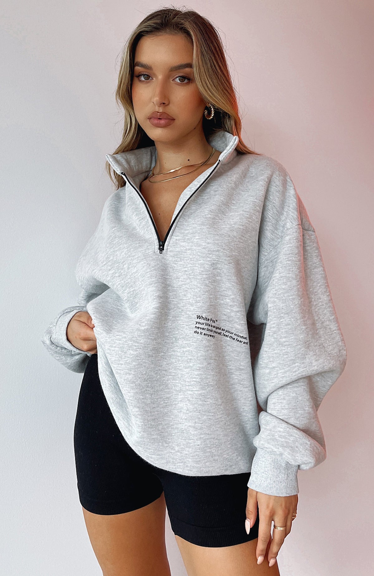 White Fox Caught Up With You Zip Front Sweater Grey Marle