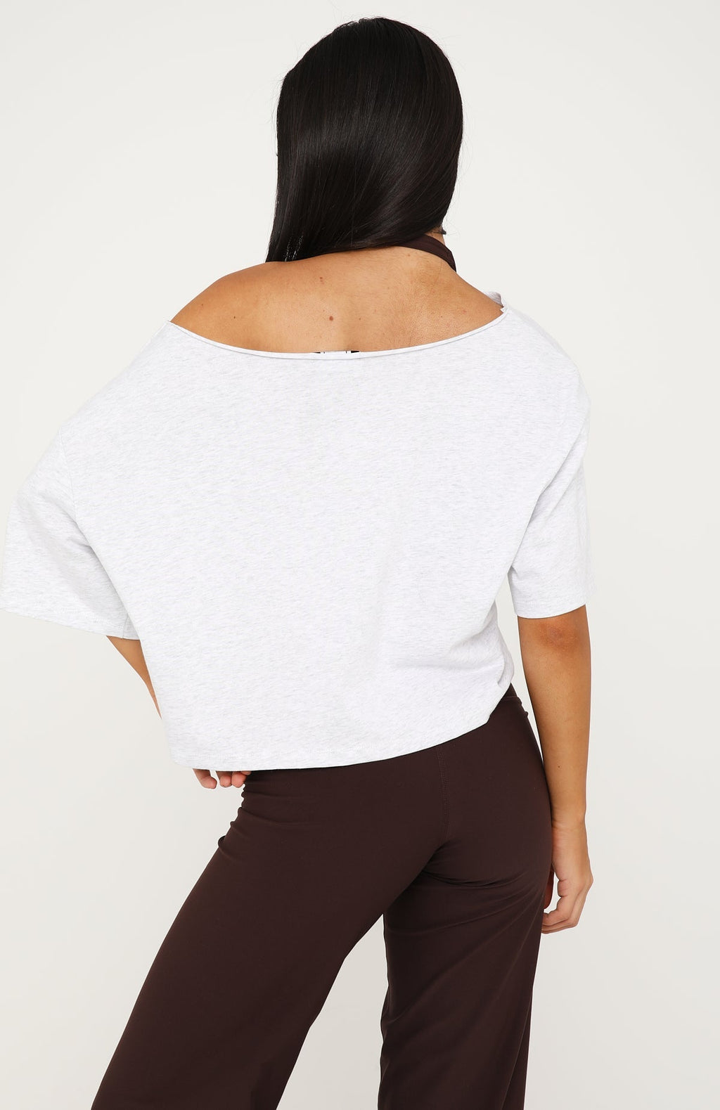 White Fox Far Away Off Shoulder Cropped Tee Grey Marle