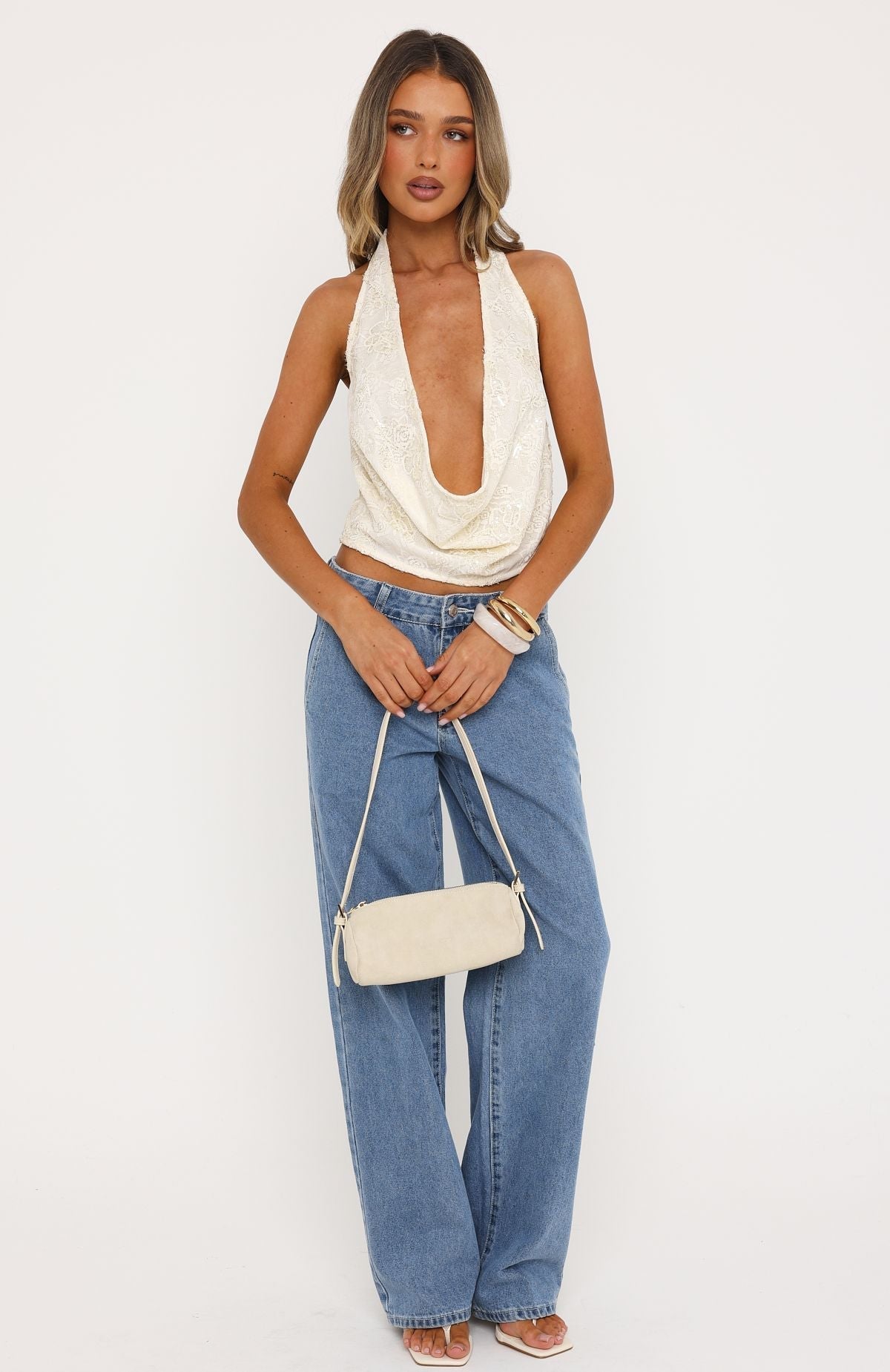 White Fox Come Back For More Cowl Halter Top Cream