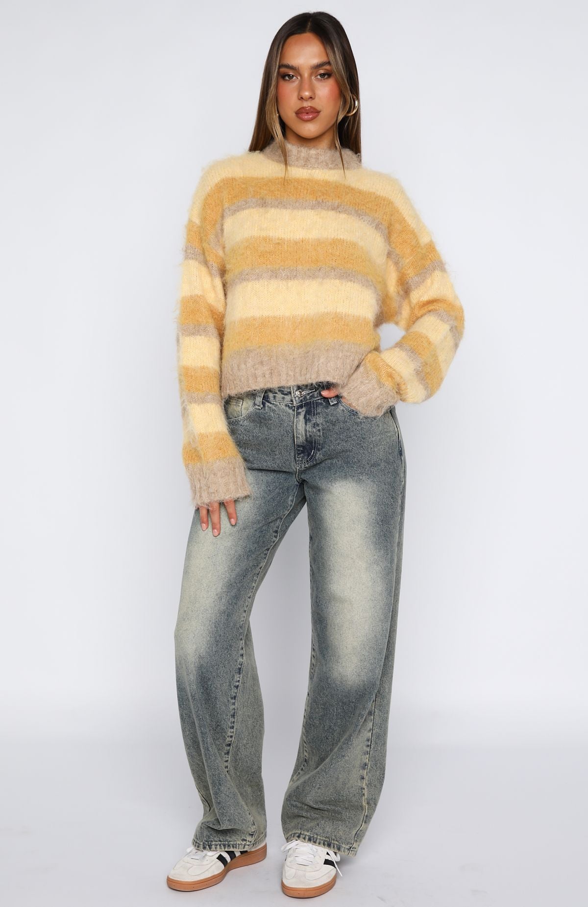 White Fox Soft Embrace Knit Sweater Honeycomb Stripe