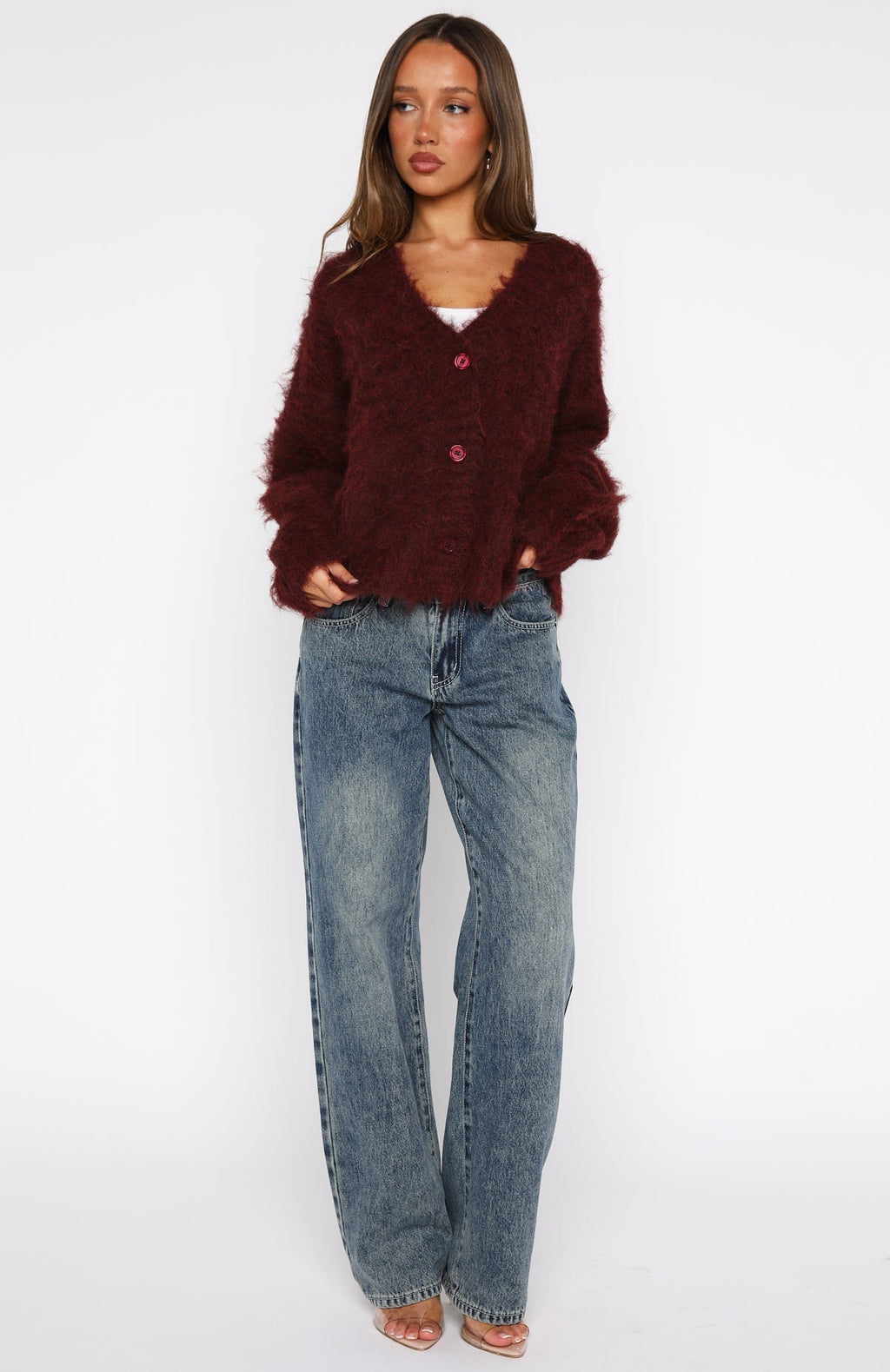 White Fox Cozy Vibes Knit Cardigan Bordeaux