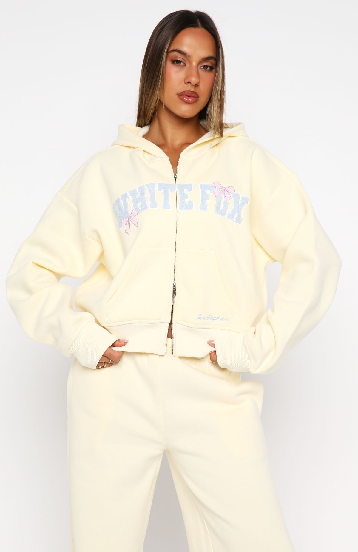 White Fox Daydreamers Madeline Boxy Zip Front Hoodie Lemon