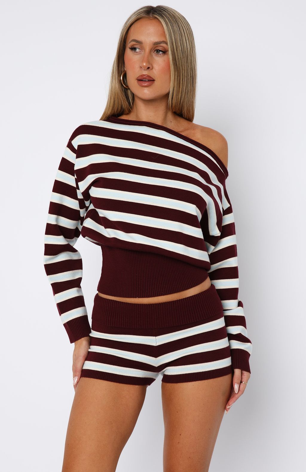White Fox Everything To Everybody Booty Shorts Burgundy Stripe