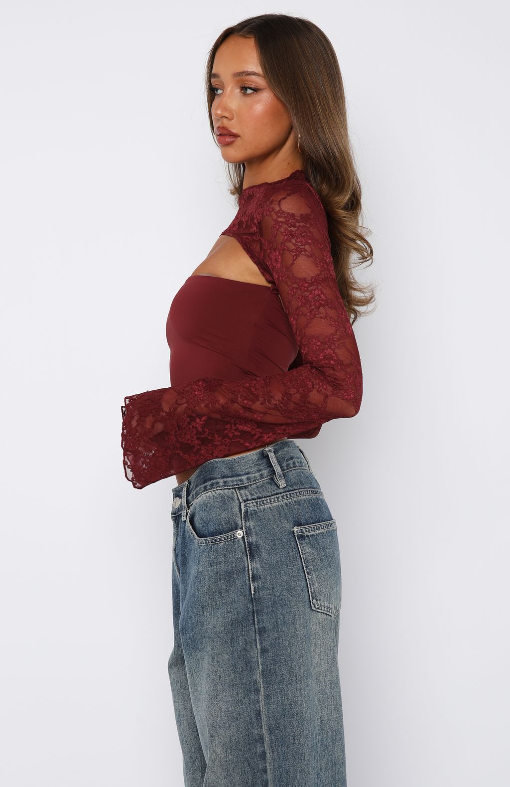 White Fox Devoted Love Long Sleeve Top Burgundy