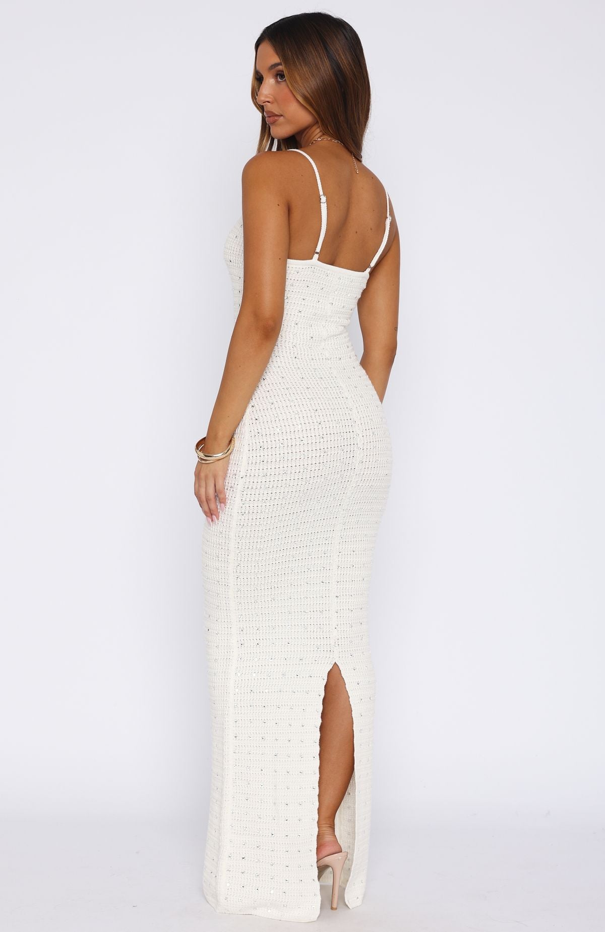 White Fox Gotta Give Me Embellished Crochet Maxi Dress Off White
