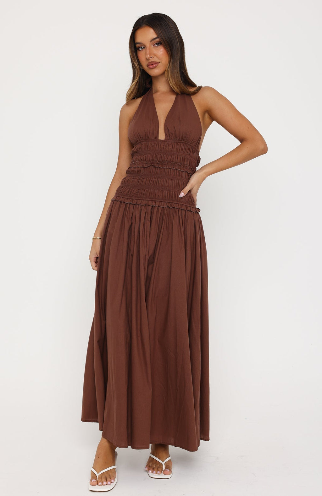 White Fox Lucky Enough Halter Maxi Dress Dark Chocolate