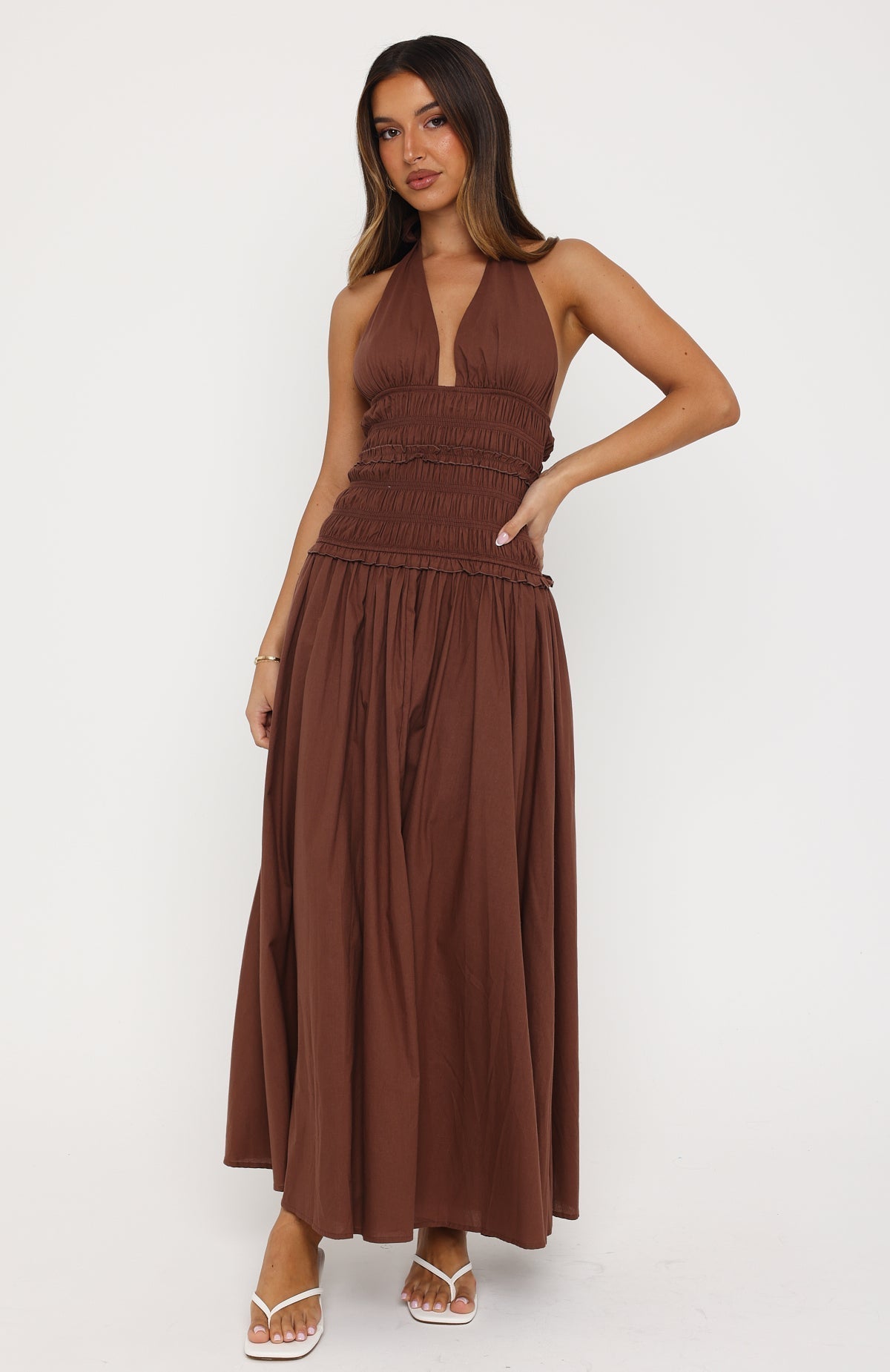 White Fox Lucky Enough Halter Maxi Dress Dark Chocolate