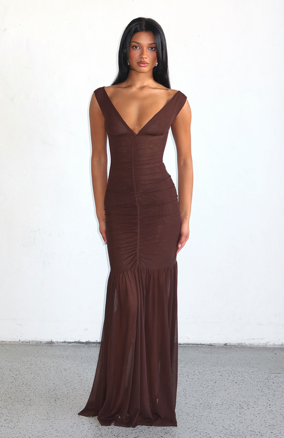 White Fox Just A Peak Mesh Maxi Dress Chocolate