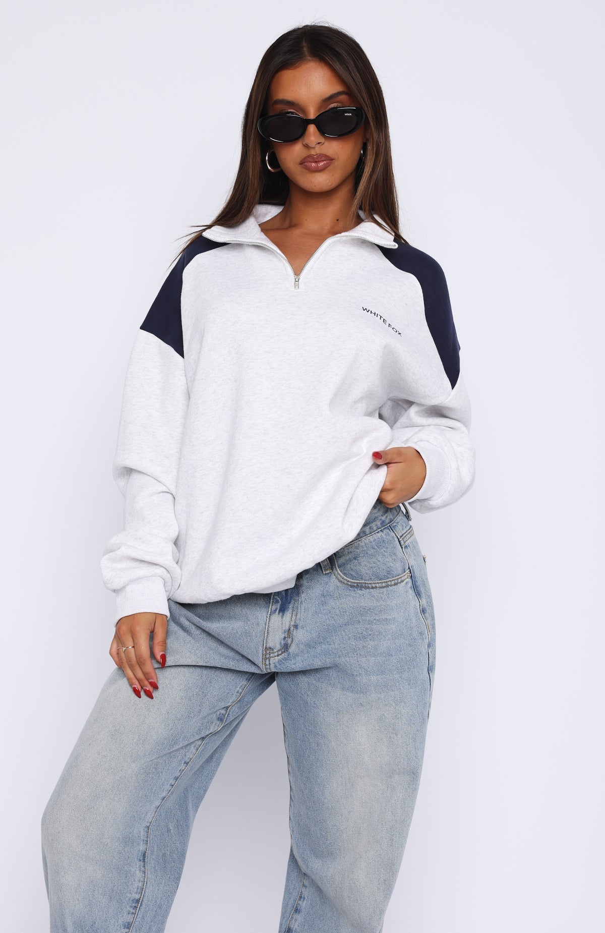 White Fox It's A Bad Idea Zip Front Sweater Grey