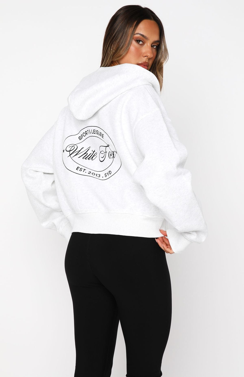 White Fox Just Try Again Boxy Zip Front Hoodie Grey Marle