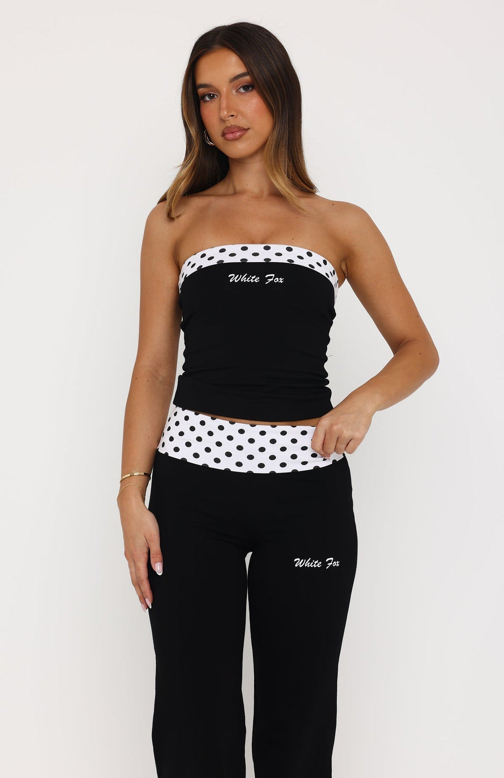 White Fox Never In Question Strapless Top Black/White Polka Dot