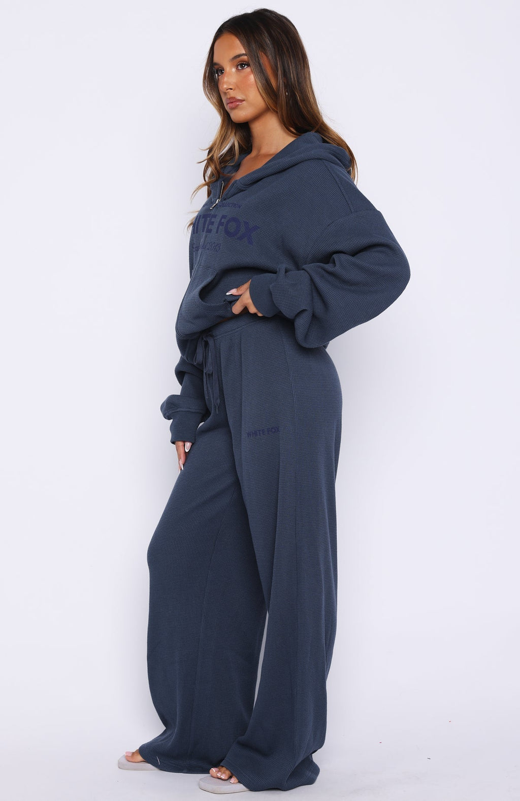 White Fox Leave Me Out Of It Waffle Wide Leg Sweatpants Navy