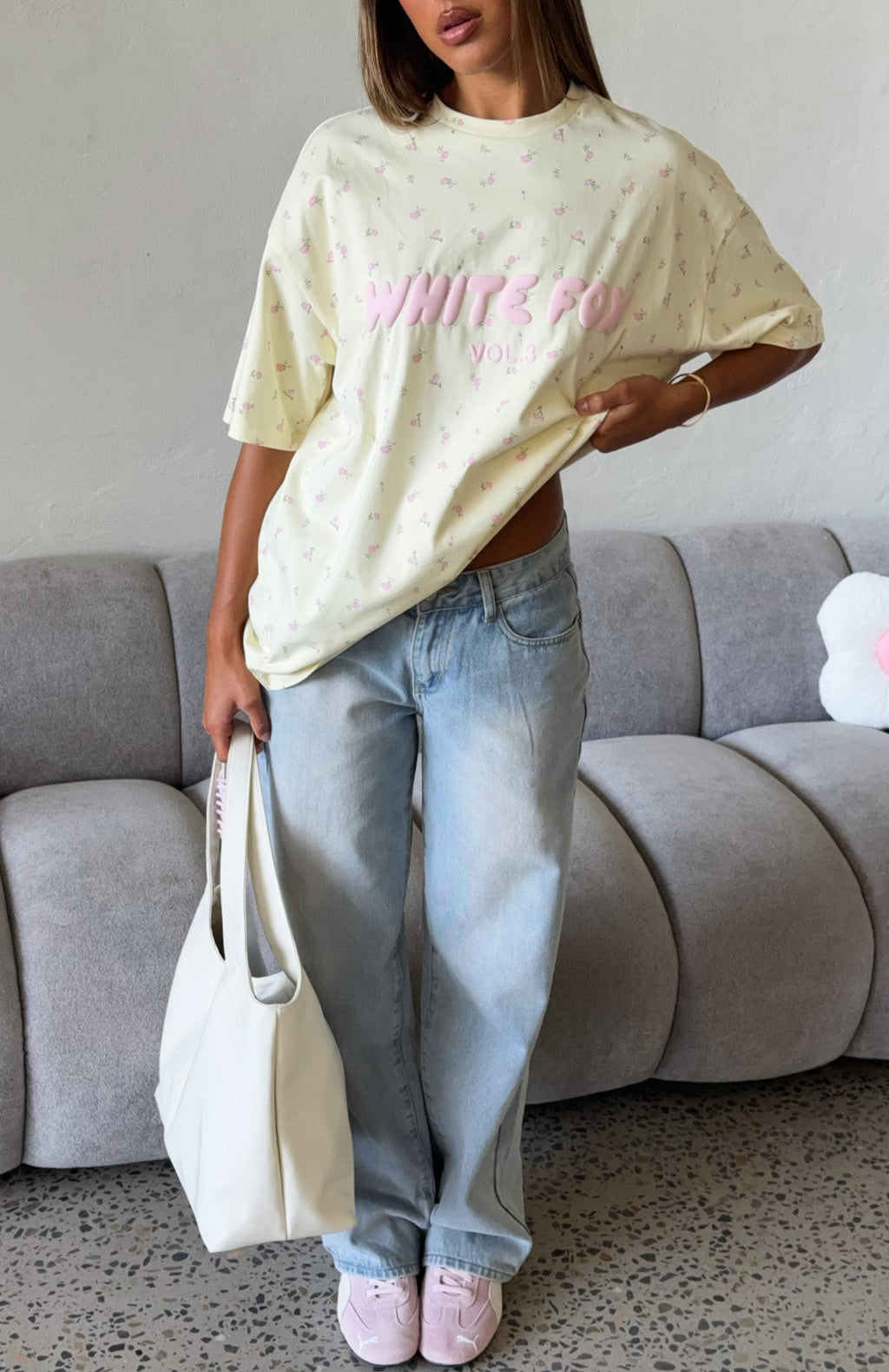 White Fox Offstage Printed Oversized Tee Lemon Ditsy