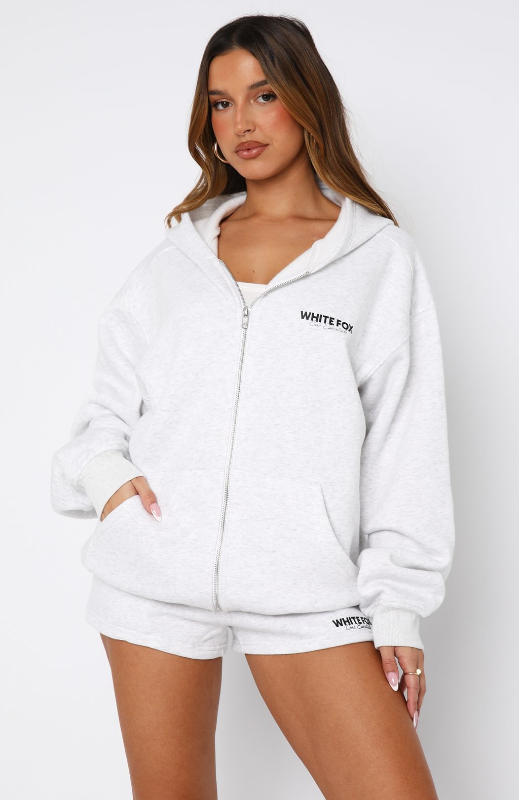 White Fox Core Essentials Zip Hoodie Grey Marle