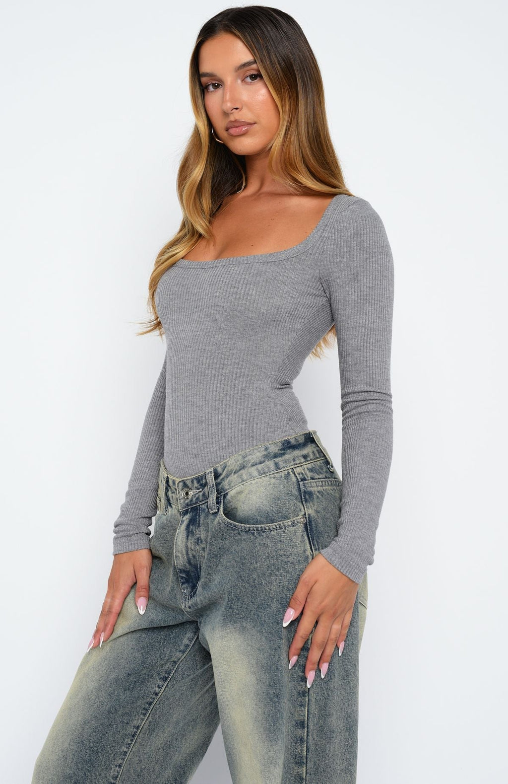 White Fox Easy Weekend Ribbed Long Sleeve Bodysuit Grey