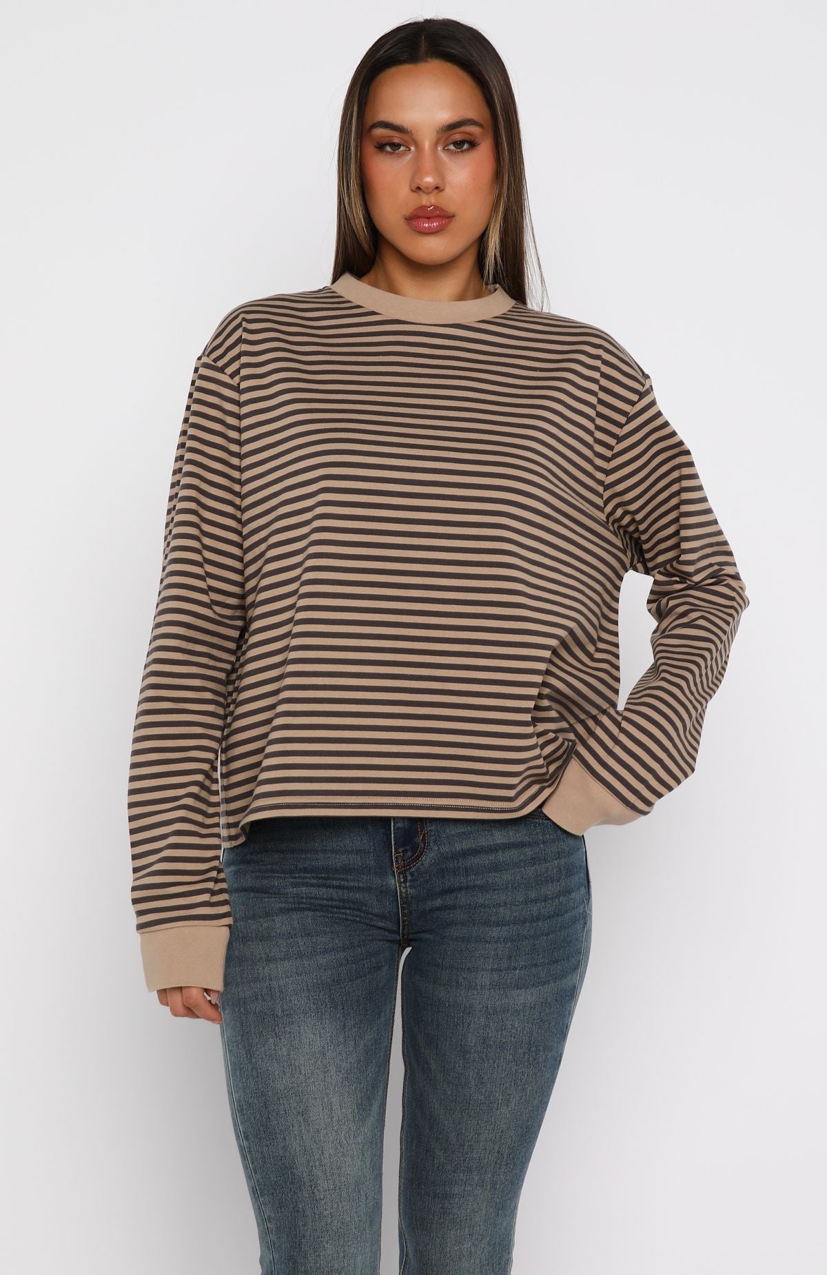 White Fox Catch The Drift Long Sleeve Tee Chocolate/Tan Stripe