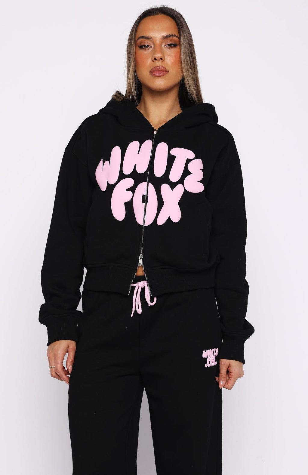 White Fox Club 14 Allie Boxy Zip Front Hoodie Black