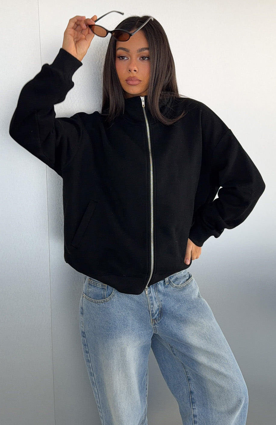 White Fox Such A Dream Oversized Zip Front Funnel Neck Jacket Black