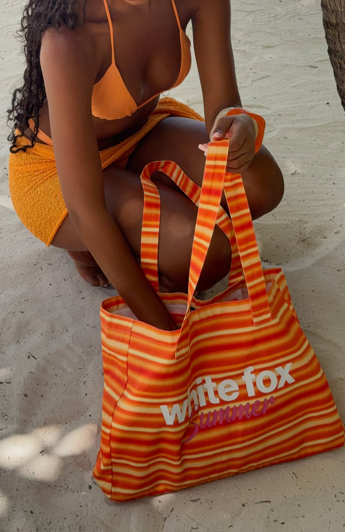 White Fox Sunny Sunset Tote Bag Sun Stripe Orange