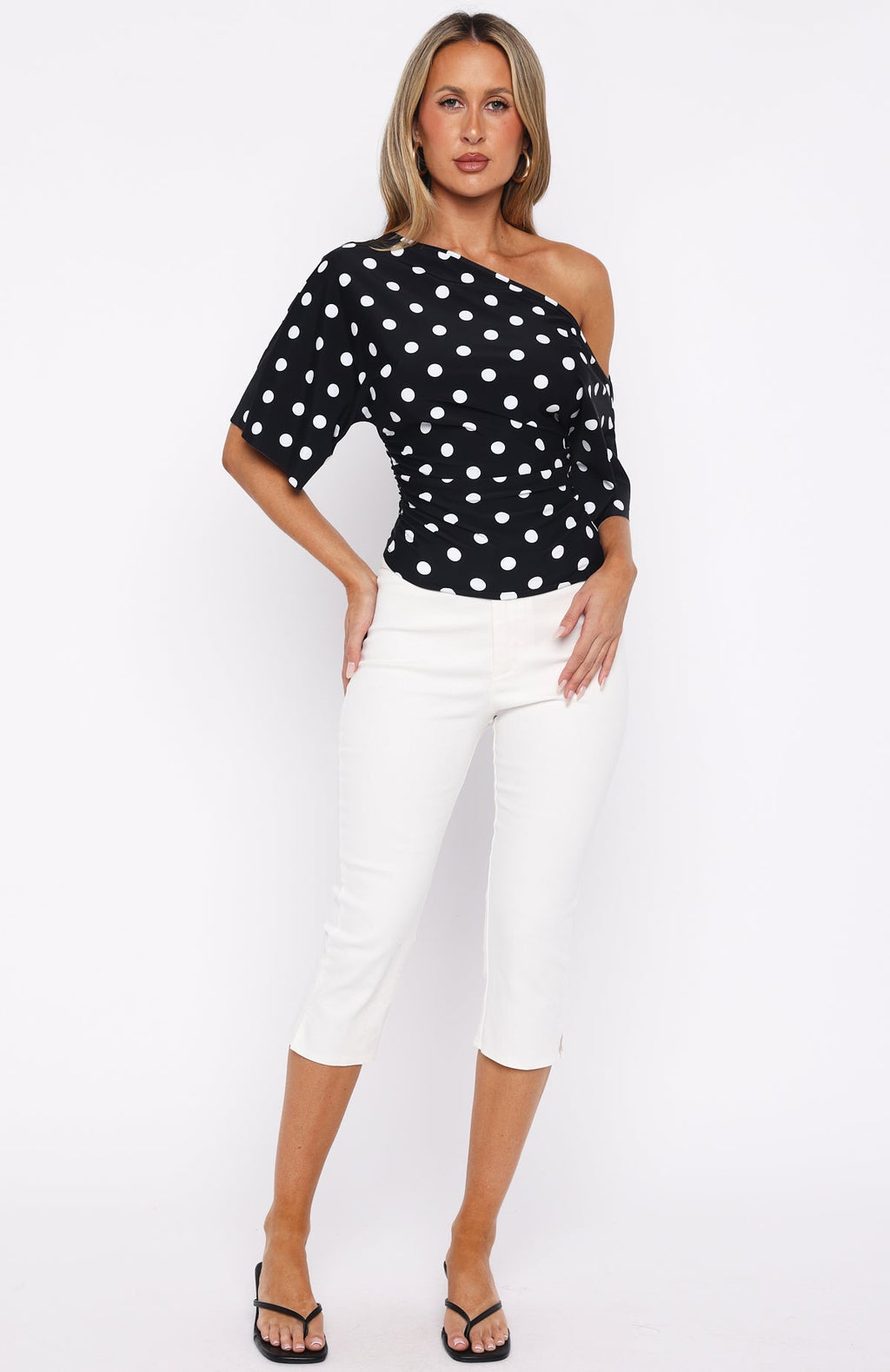 White Fox Marrakech Moments Cinched Waist Top Black/White Polka Dot