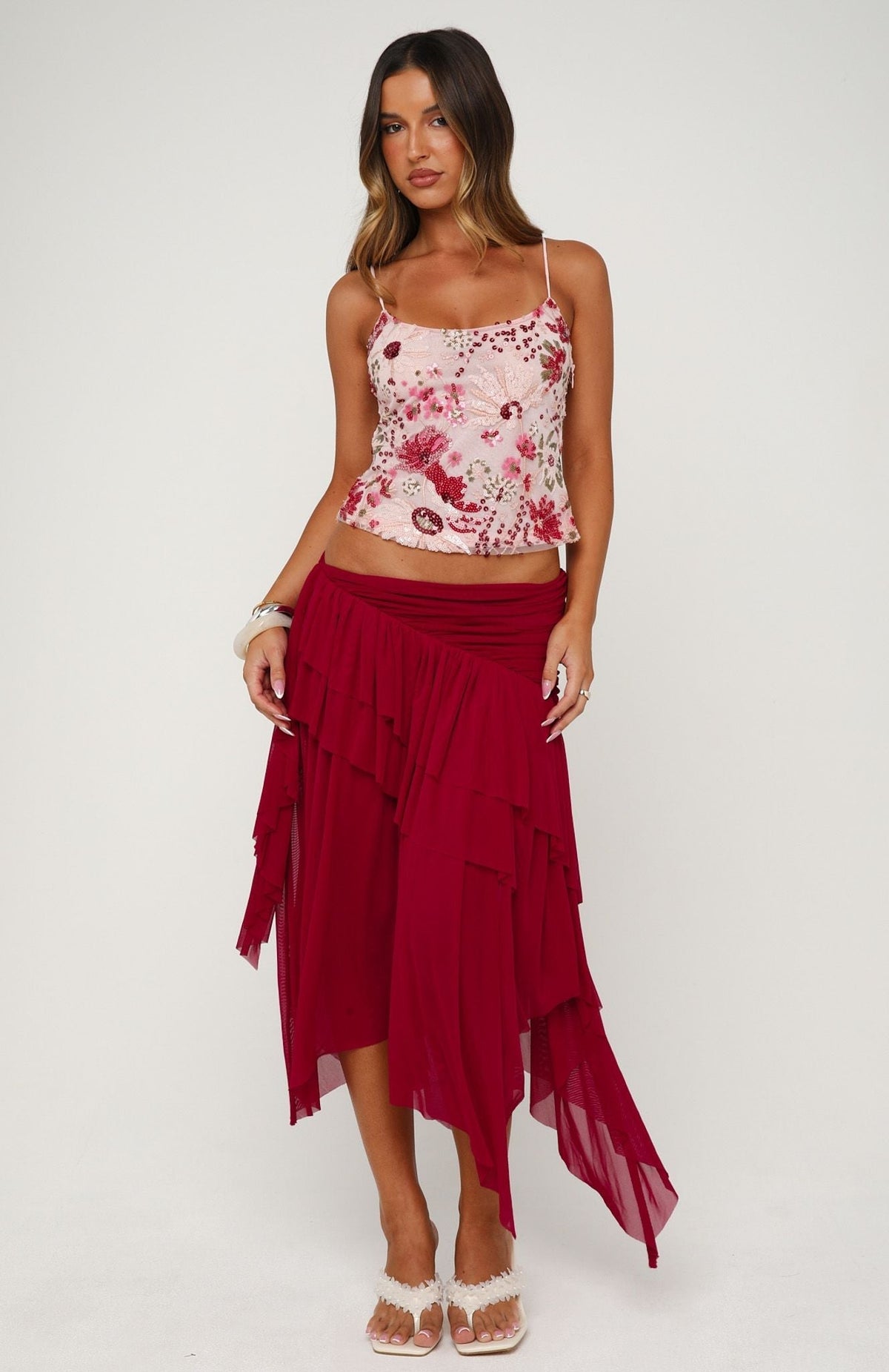White Fox Cascade Around Me Midi Skirt Dragonfruit