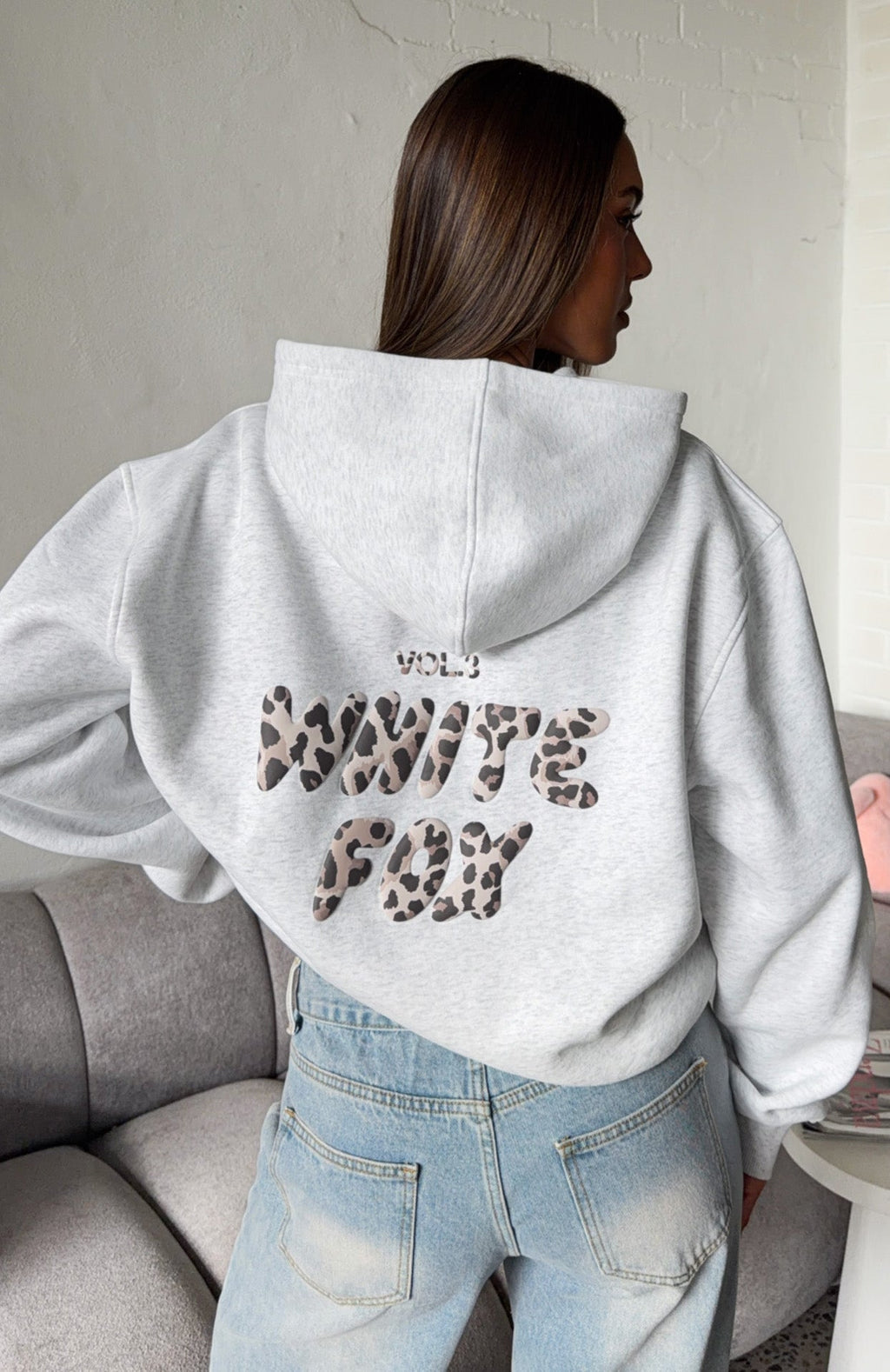 White Fox Offstage Printed Oversized Hoodie Grey Marle/Leopard