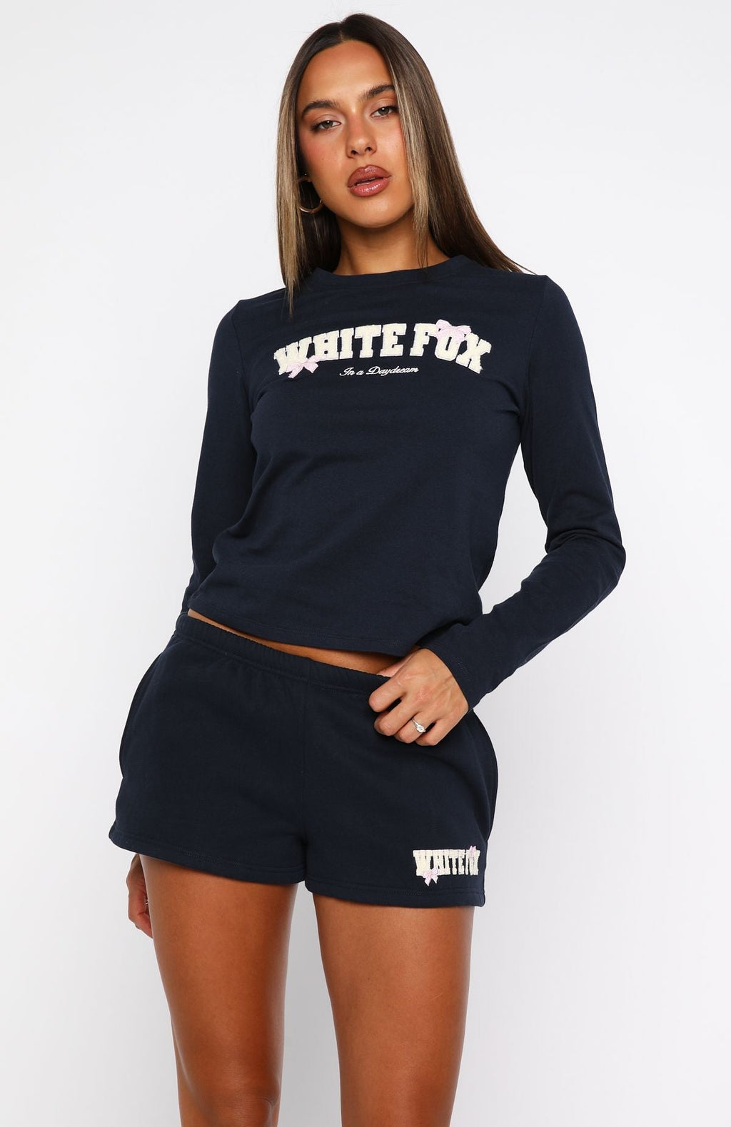 White Fox Daydreamers Madeline Long Sleeve Baby Tee Navy