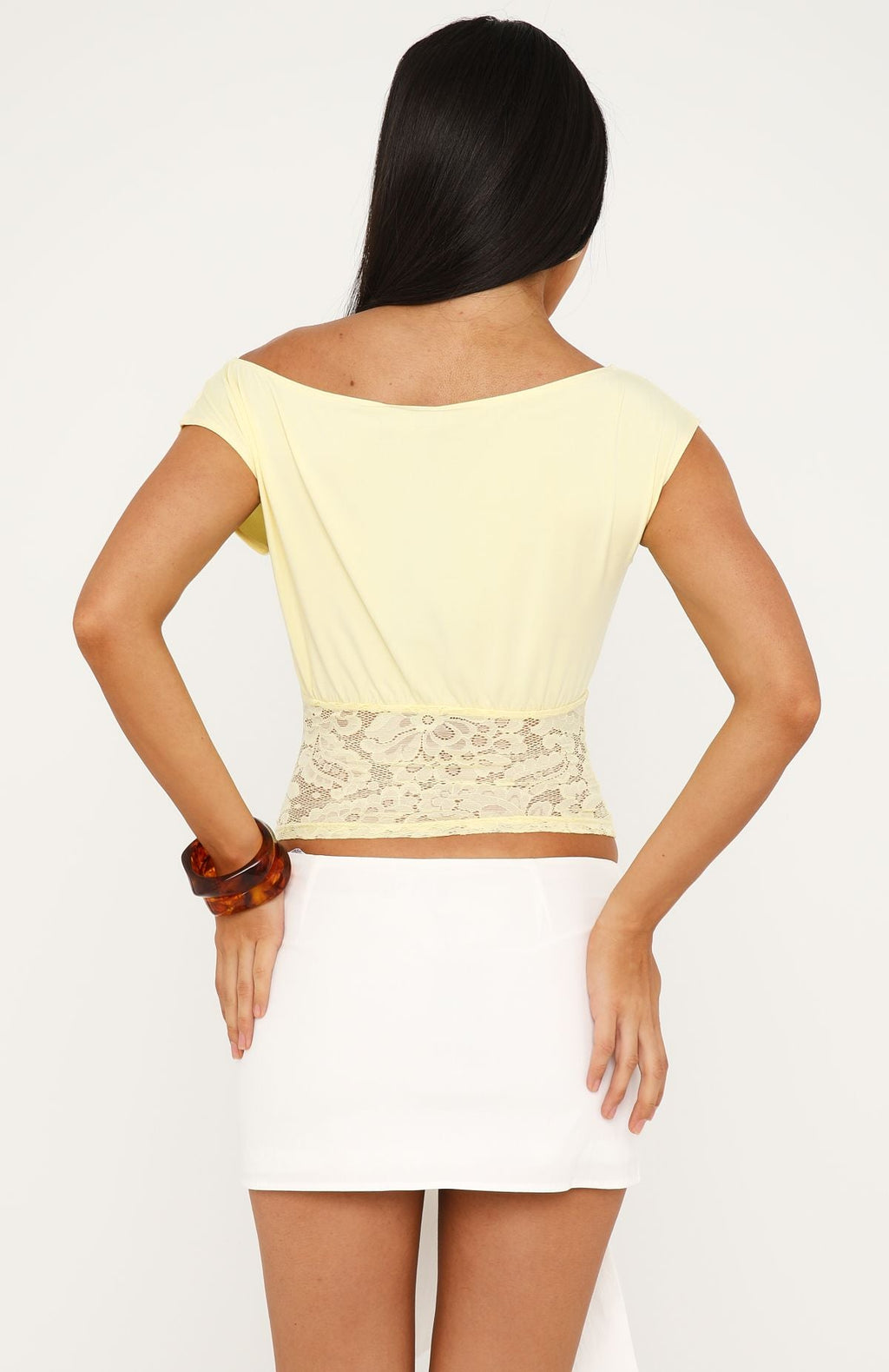 White Fox Mesmerised Eyes Off Shoulder Top Lemon