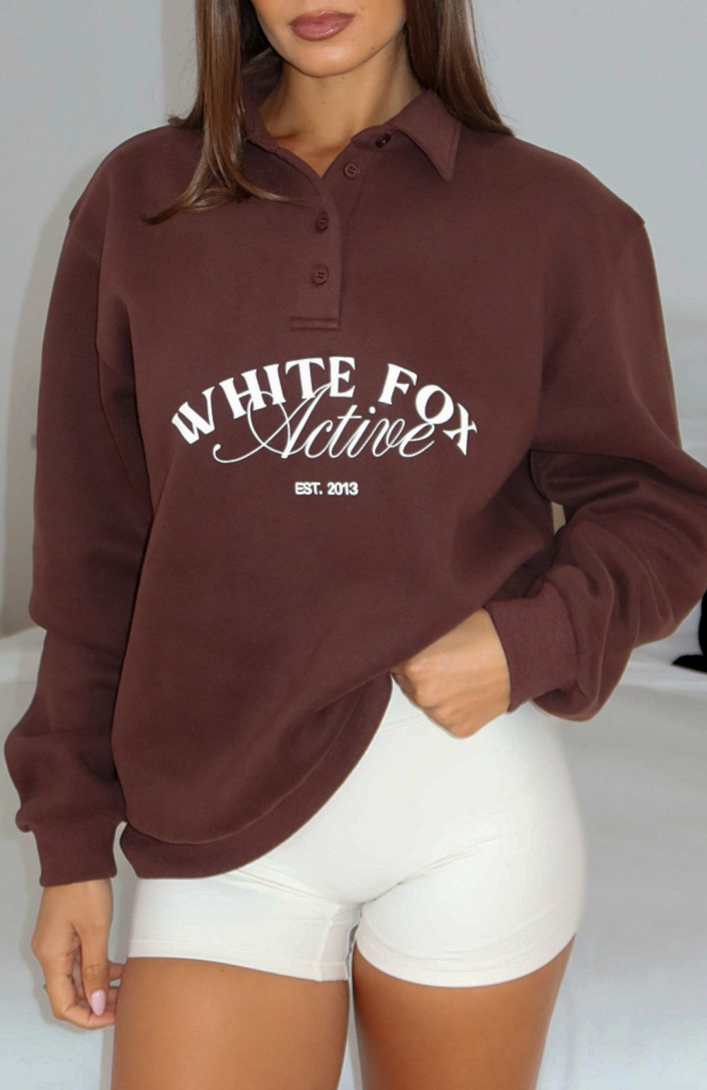 White Fox Far Away Oversized Henley Sweater Dark Chocolate