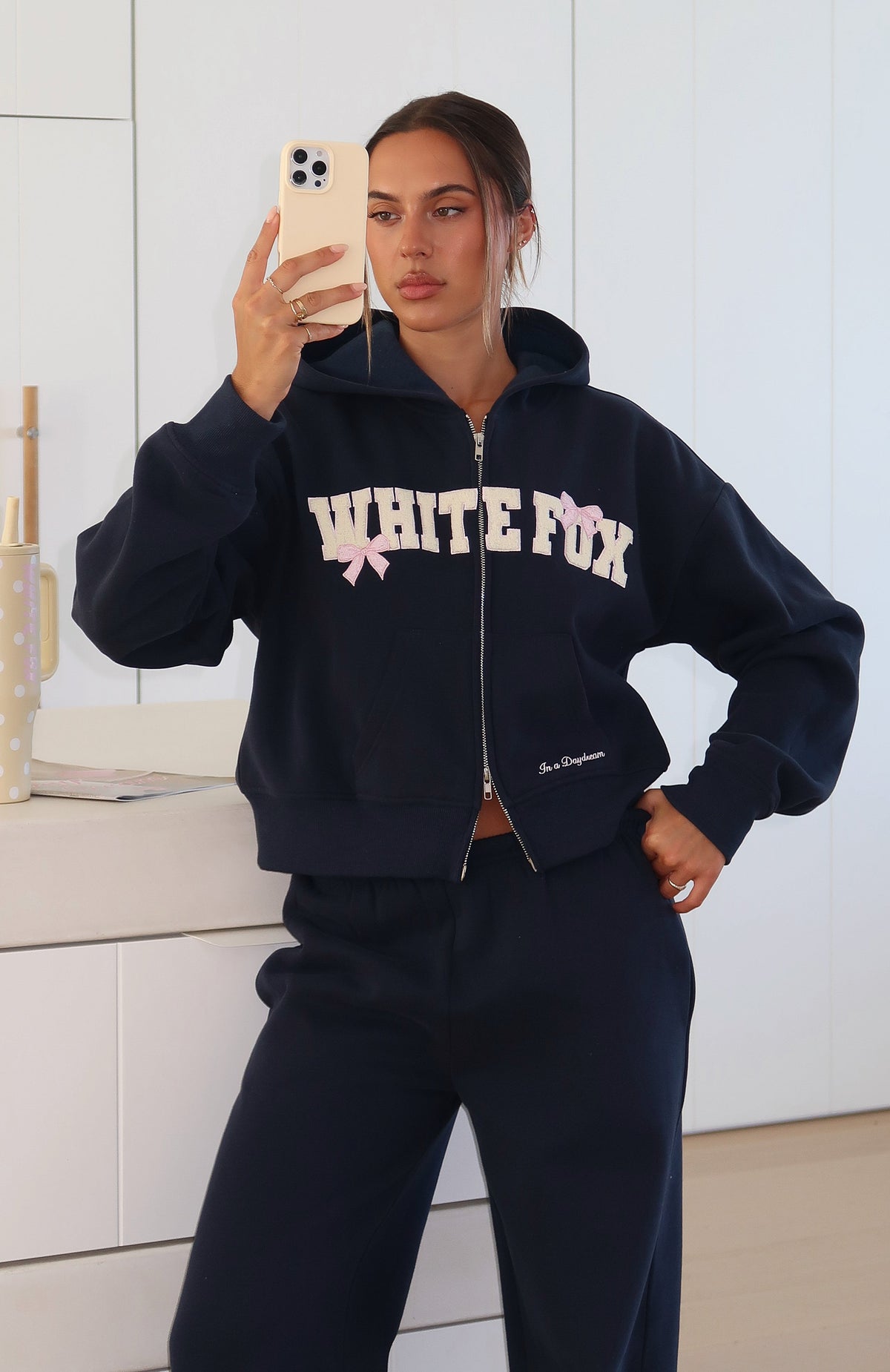 White Fox Daydreamers Madeline Boxy Zip Front Hoodie Navy