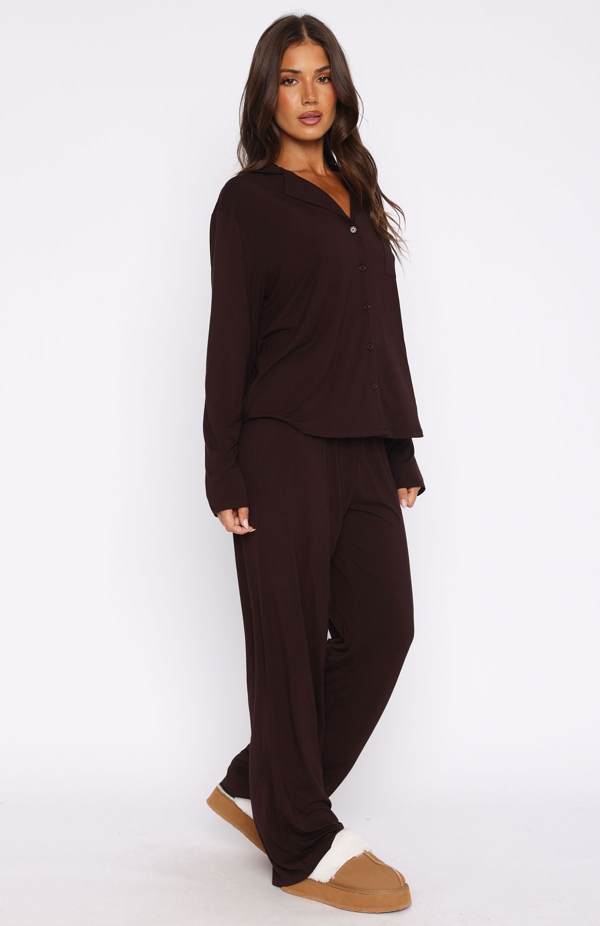 White Fox Pillow Talk Long Sleeve Pyjama Set Chocolate