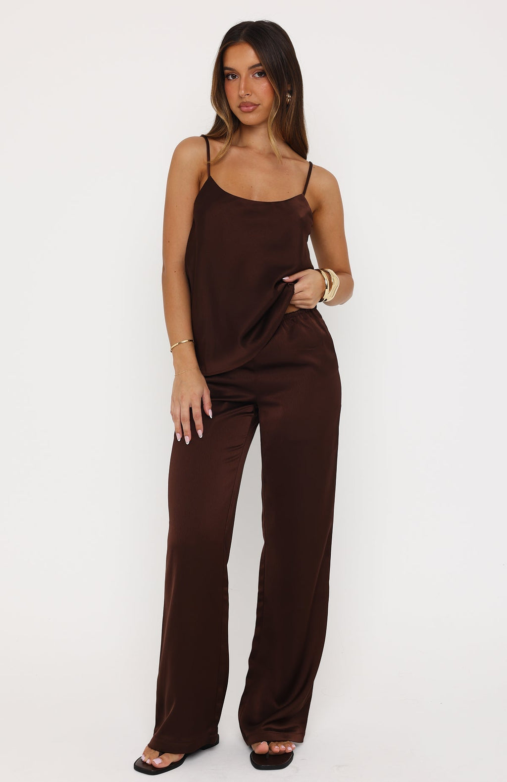 White Fox Falling Fast Satin Cami Top Chocolate