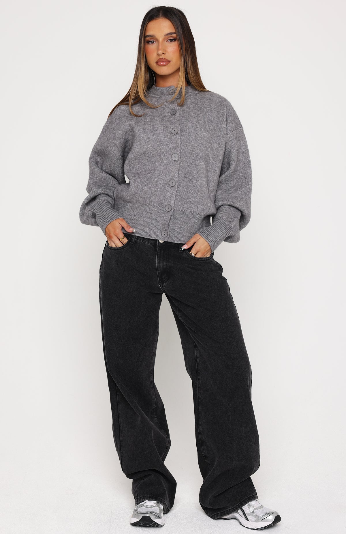 White Fox Filipa Knit Cardigan Grey Marle