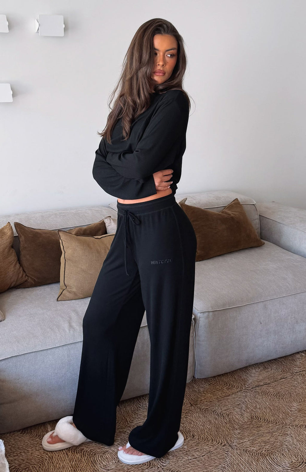 White Fox Come A Long Way Soft Lounge Ribbed Wide Leg Pants Black