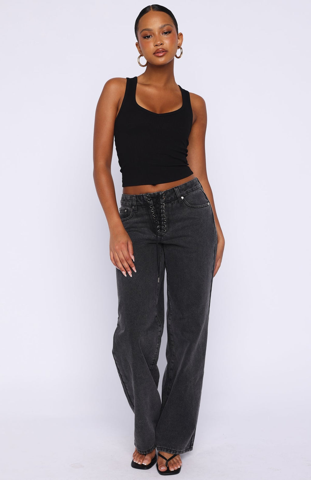 White Fox Making Appearances Mid Rise Lace Up Straight Leg Jeans Black Acid Wash
