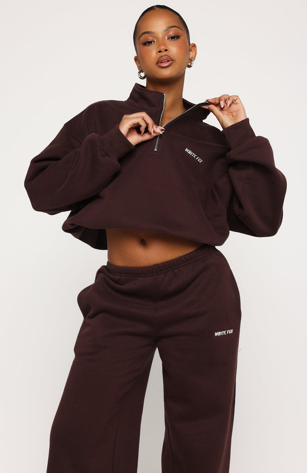 White Fox Test Drive Boxy Quarter Zip Sweater Chocolate