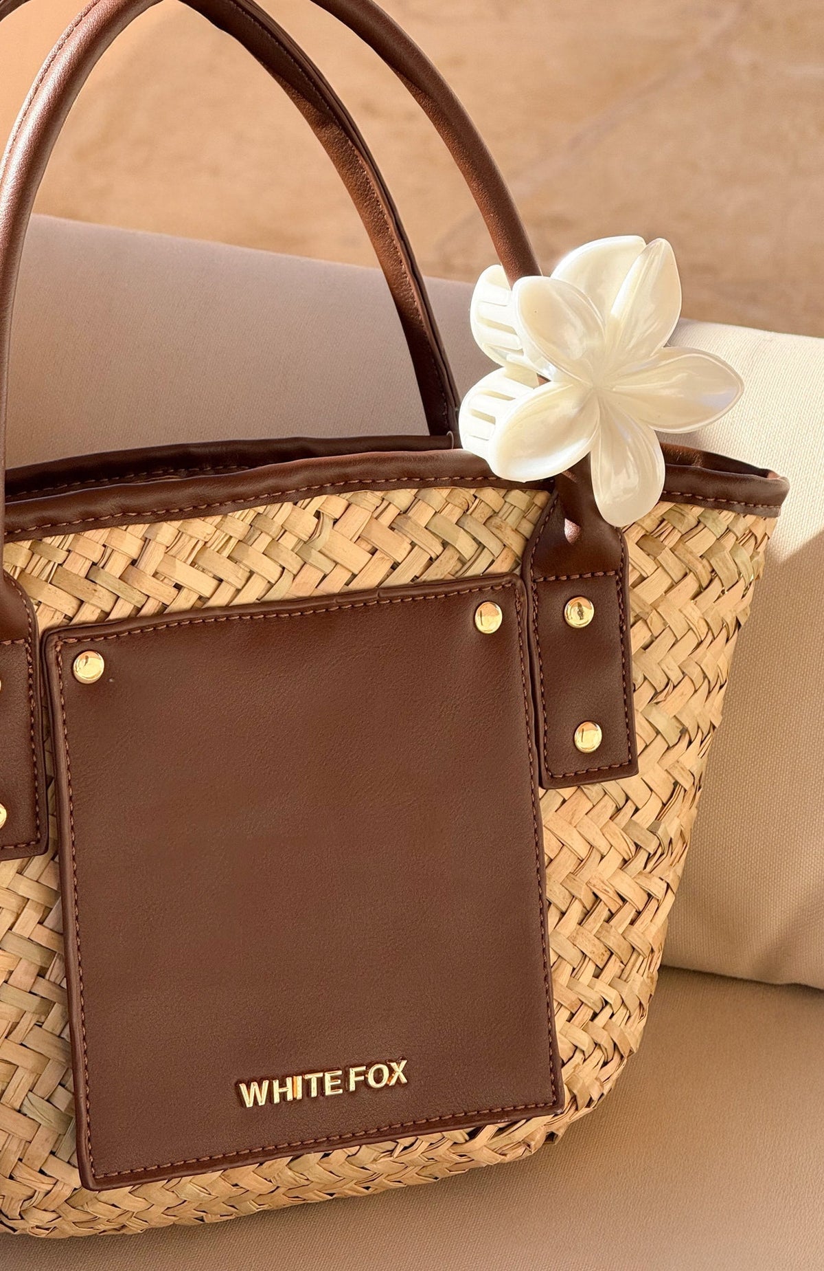 White Fox Vivienne Straw Top Handle Bag Chocolate