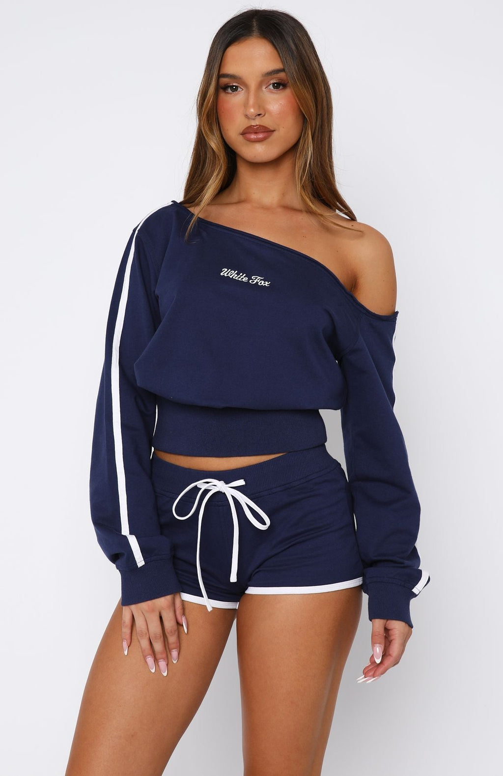 White Fox High Roller Off Shoulder Long Sleeve Sweater Navy