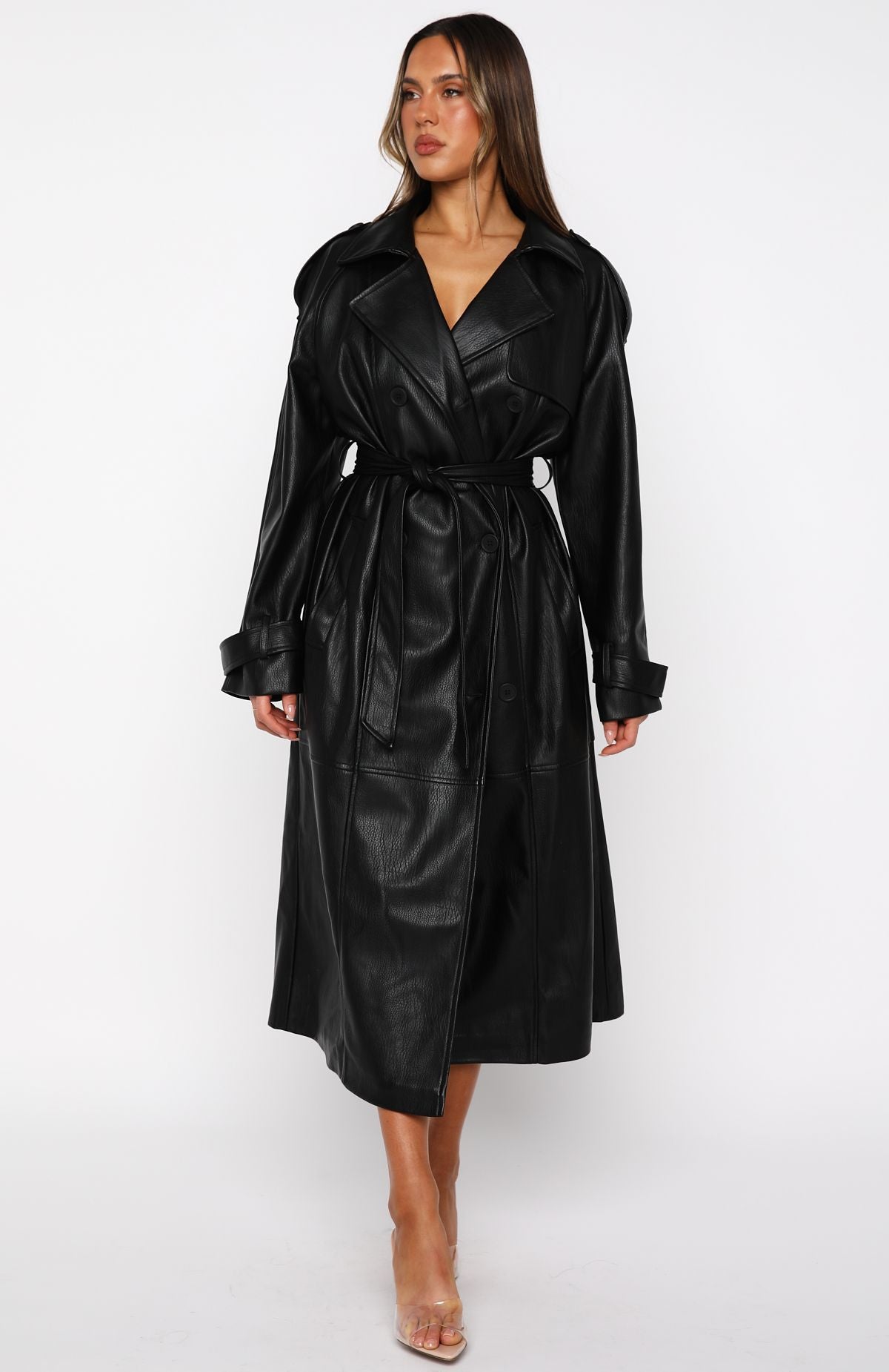 White Fox Do I Ever PU Trench Coat Black